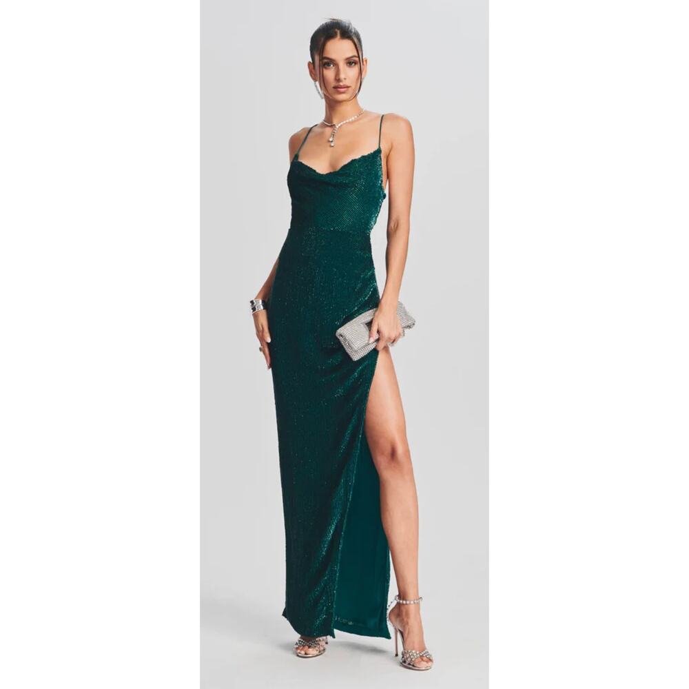 RETROFETE Katya draped sequined chiffon gown Emerald New Womens XS Green
